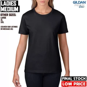 Womens T Shirt MEDIUM Black Gildan Premium 4100L Plain Ladies SOFT style Top Tee