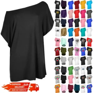 Womens Plain Slash Neck Oversized Baggy Top Ladies Off Shoulder Bardot T Shirt