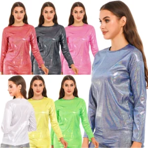 Womens Fashion Metallic Shiny Long Sleeve Tee Tops Glitter Dance Shirt Clubwear