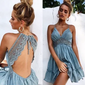 Sexy Women Backless Sleeveless Lace Mini Dress Summer Beach Party Short Sundress
