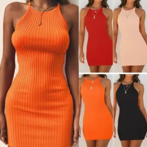 Summer Women Ribbed Bodycon Mini Dresses Ladies Strappy Clubwear Party Dress