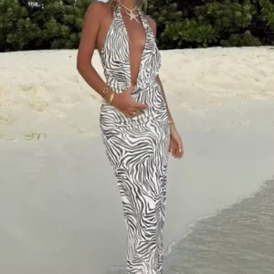 Zebra Print Beach Dress, Beach Cover Up Summer Maxi Dress - Size M (UK 10)