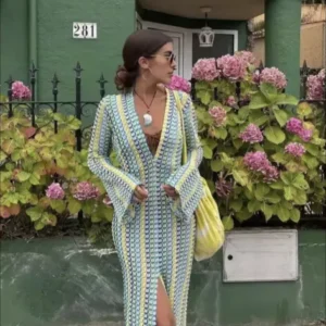Colorful Crochet Stripe Maxi Dress, Beach Cover Up Summer Dress - Size M (UK 10)