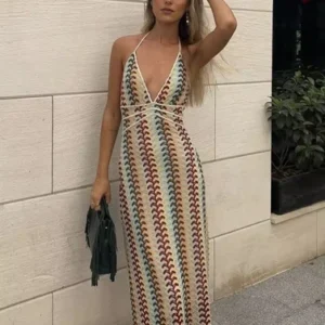 Crochet Summer Maxi Dress, Knitted Beach Cover Up Dress - Size M (UK 10)