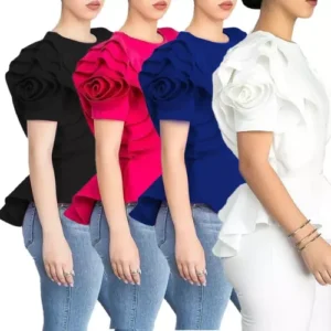 Women's Summer Short Rose Style Sleeve Ruffled Hem Bodycon T-shirt Tops Workwear