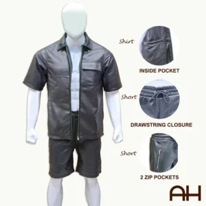 Men's Leather Shorts and shirt Set Perforated Leather Summer Set Fashion Wear
