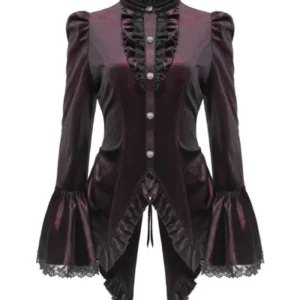 Devil Fashion Womens Gothic Velvet Cutaway Tailed Blouse Top - Red & Black
