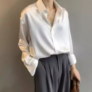 Women Autumn Fashion Button Up Satin Silk Shirt Vintage Blouse White Long Sleeve
