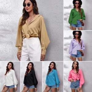 Women Fashion Button Up Chiffon Shirt Casual Blouse Puff Long Sleeve Shirt