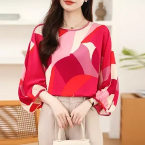 Women's 2024 Fashion Printed Round Neck Dolman Sleeves Dress Shirt Blouse